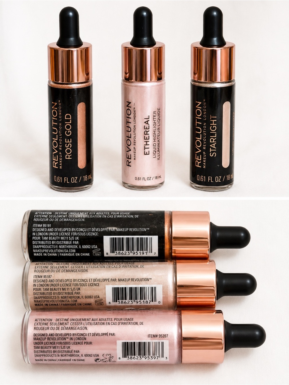Makeup Revolution Liquid Highlighter Trio Rose Gold Starlight Ethereal